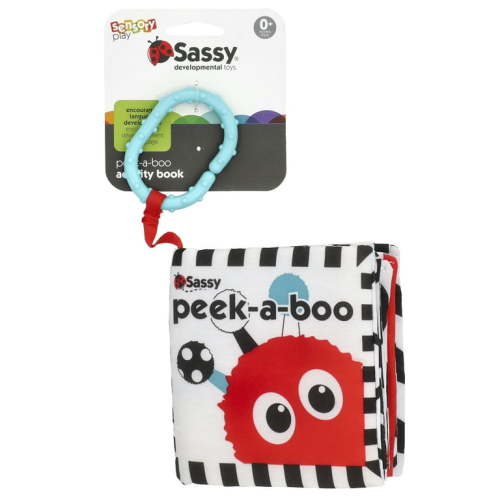 Sassy Peek-a-Boo Activity Book with Attachable Link for on-The-Go Travel for Ages Newborn and up
