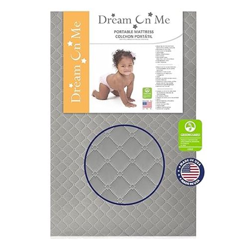 Dream On Me Aster 3" Fiber Portable Mini Crib Mattress, Waterproof Vinyl Cover, Greenguard Gold Certified, Mini Crib Mattress, 38" L x 24" W x 3" Th, Grey