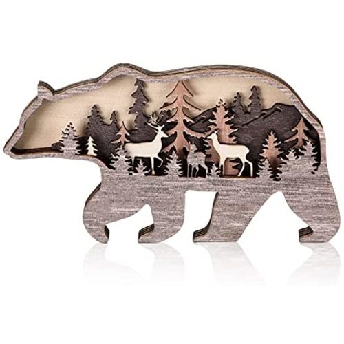 Forest Animal Rustic Wall Art Decor Wooden Farmhouse Wall Decoration Wooden Animal Decor Wood Forest and Mountain Ornaments for Cabin Bedroom Living Room Decor (Bear Style)