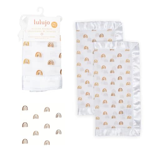lulujo Security Lovey Blankets| Unisex Softest Breathable Cotton Muslin Security Blanket Set with Silky Satin Trim| Neutral Comforting Blanket for Girls & Boys| 16in x 16 in| Rainbows