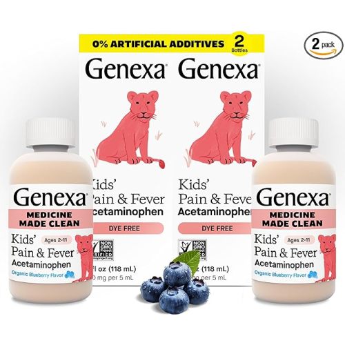 Genexa Kids’ Clean Pain & Fever Acetaminophen, Dye Free, 0% Artificial Additives, Delicious Organic Blueberry Flavor, Liquid Oral Suspension Medicine, Children 2-11, 160 mg per 5mL, 8 fl oz (2 Pack)