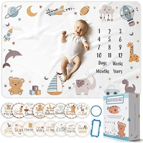 Monthly Baby Milestone Blanket for Boy, Premium Soft Fleece Blanket, First 12 Months Growth Chart, Large Size 60" x 40", 16 Milestone Stickers