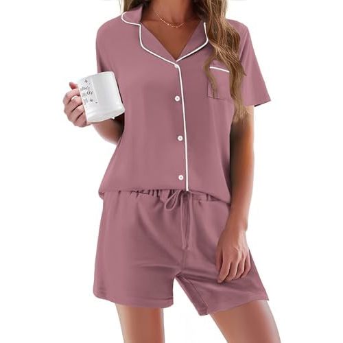 Ekouaer Pajamas Set for Women Short Sleeve Sleepwear Button Down Pjs Soft 2 Piece Lounge Sets XS-XXXL