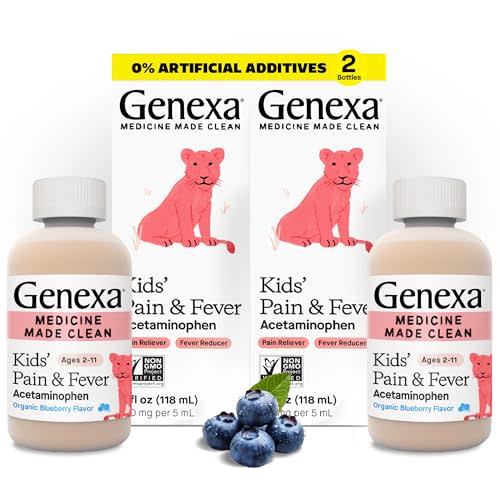 Genexa Kids’ Pain and Fever Reducer | Childrens Acetaminophen, Dye Free, Liquid Oral Suspension Medicine for Kids 2-11 | Delicious Organic Blueberry Flavor | 160 mg per 5mL | 8 Fluid Ounces (2 Pack)