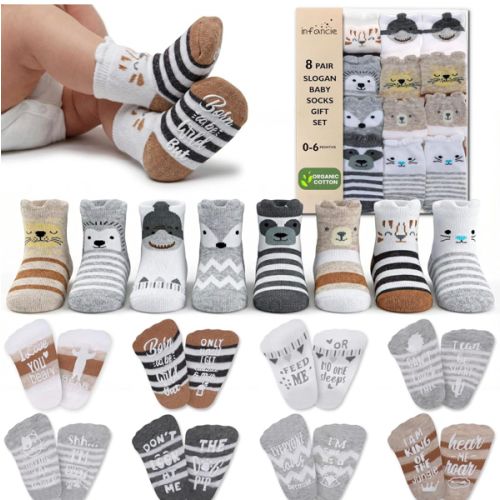 Organic Cotton Baby Socks with Gripper 0-6M | Safe Walking Non-Slip Sole | Stay-In-Place Ribbed Cuffs Unisex (US, Age, 0 Months, 6 Months, Grey & Brown - 8 Pairs)