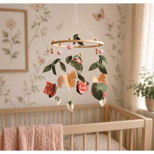 Butterfly Baby Mobile Botanical Nursery Decor Felt Flowers Crib Hanging Nature Gift