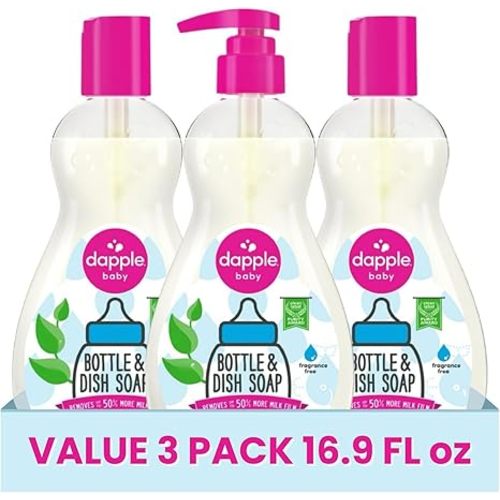 Dapple Baby Fragrance Free Bottle & Dish Soap - (3 Pack) 16.9 fl oz - Cleans Baby Bottles, Sippy Cups, Pacifiers, Breast Pumps, & More - Gently Removes Milk Film & Odors - Includes 1 Pump