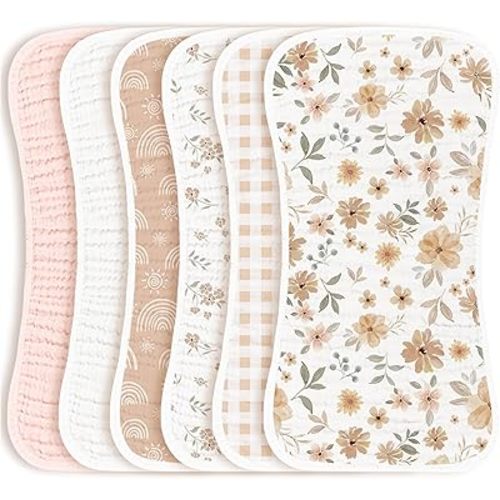 Konssy Muslin Baby Burp Cloths Sets for Unisex- 6 Pack Large 100% Cotton Adorable Printed Burping Clothes for Newborn, Baby Girls and Boys