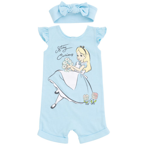 Disney Alice in Wonderland Newborn Baby Girls French Terry Romper and Headband Newborn to Toddler
