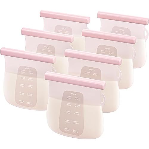 JellyRuru 7 PCS Reusable Breast Milk Storage Bags, 8.5oz 250ml LFGB Standard Silicone Breastmilk Freezer Storage Container, Leak-Proof & Self-Standing Milk Bags, Baby Food Bags
