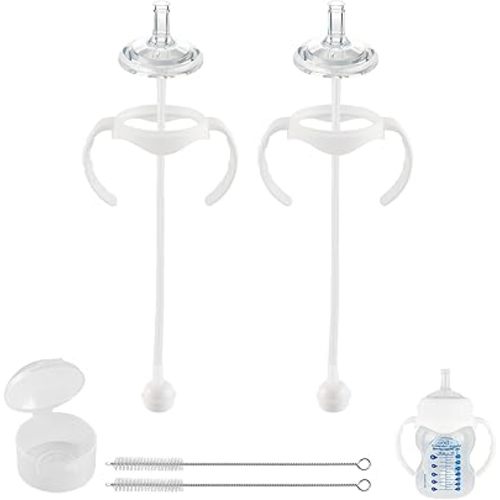 Sippy Straw Cup Conversion Kit for Dr Browns Wide-Neck Baby Bottles, Spill-Proof Transition Kit with Silicone Sippy Nipple, Weighted Straw, Handle, 2 Pack, 8m+
