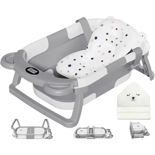 MoreFeel Collapsible Baby Bathtub for Newborn with Thermometer & 1 Hooded Towel & 1 Soft Floating Cushion,Portable Travel Bathtub with Drain Hole, Durable Foldable Baby Tubs for Infants to Toddler