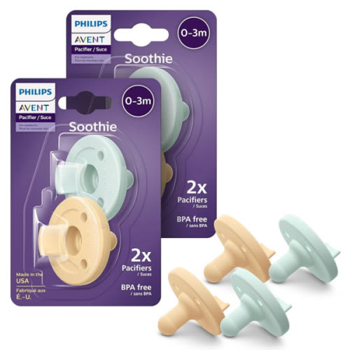 Philips Avent Soothie 0-3 Months Orthodontic Baby Pacifiers, 100% Silicone Pacifiers, One Piece, BPA-Free, 2 Green and 2 Yellow, 4 Pack, Model SCF190/71