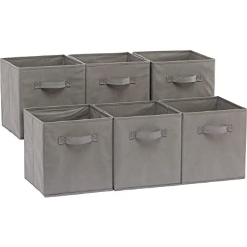 Amazon Basics Collapsible Fabric Storage Bins, Cube Organizer with Handles, 13 x 13 x 13 Inch, Gray - Pack of 6
