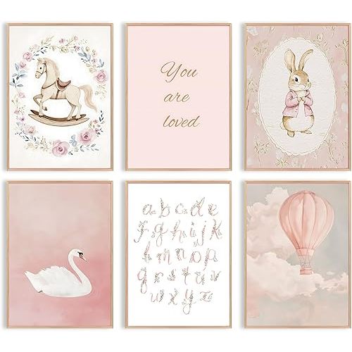 Uniro Pink Nursery Wall Decor Art Prints, Vintage Baby Girl Nursery Room Decor, Cute Baby Girl Room Decor Swan Bunny Hot Air Balloons Alphabets Canvas Painting, Antique Nursery Poster for Little Girl's Bedroom, Kids Room Decor-8x10inch|Unframed