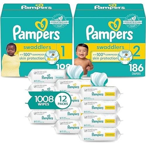 Pampers Baby Diapers and Wipes Starter Kit, Swaddlers Disposable Sizes 1 (198 Count) & 2 (186 Count) with Sensitive Water Based 12X Multi Pack Pop-Top Refill (1008 Count) - Sizes 1 & Size 2