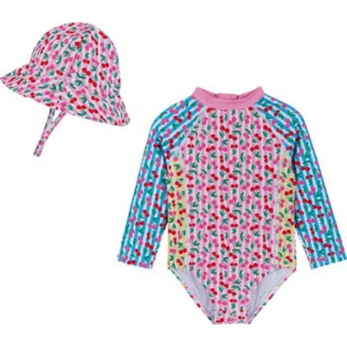 Cherry Stripe Long Sleeve One-Piece Rashguard Swimsuit & Sun Hat Set, 0-3M