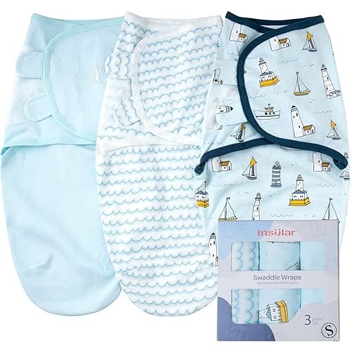 insular Swaddle Blanket, Baby Swaddle Wrap for Newborn and Infant, Adjustable Swaddle Set for Boy and Girl, Soft Cotton Baby Sleep Sack 3 Pack Small(0-3 Month), Ocean