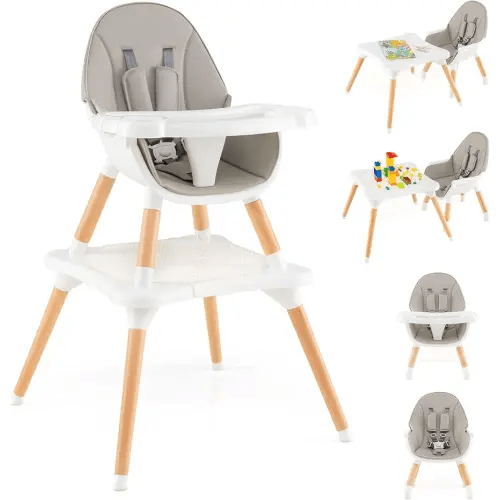 HONEY JOY Baby High Chair, 5-in-1 Convertible Wooden Highchair for Babies and Toddlers/Table and Chair Set/Toddler Stool with Safety Harness, 4-Position Removable Feeding Tray (Gray)