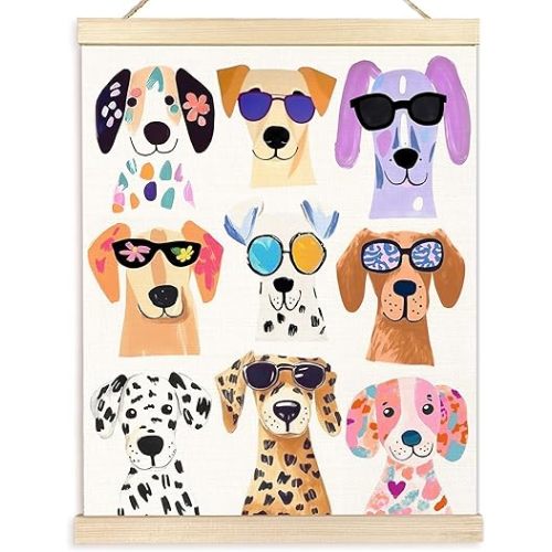 BESERH Colorful Dogs Wall Art Posters, Dog Room Wall Decor, Dog Lover Gifts for Women Men, Trendy Cute Spot Puppy Canvas Prints Artwork Framed for Home Kids Bedroom Nursery, 12x16 Inch