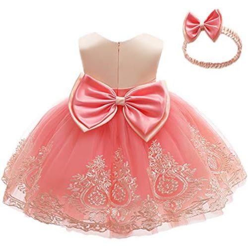 CMMCHAAH 0-6T Baby Girls Pageant Lace Embroidery Dresses Toddler Party Bowknot Tutu Gown Dress with Headwear