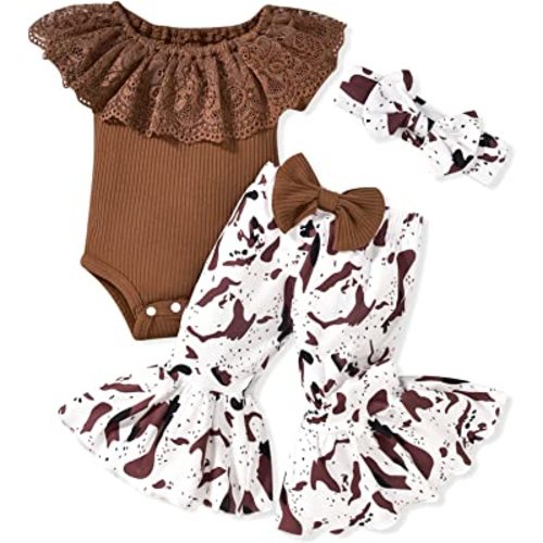 HINTINA Newborn Baby Girl Short Sleeve Bodysuit Flared Pants Ribbed Outfits