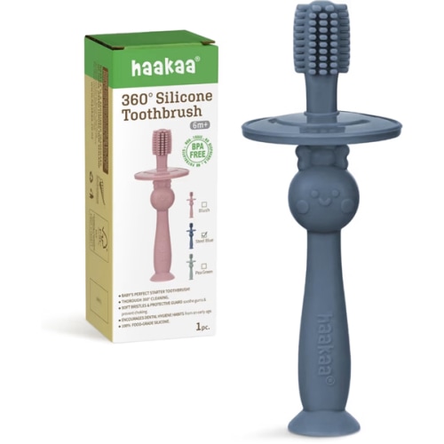 haakaa 360° Baby Toothbrush with Suction Base - Gentle Cleaning for Infant Self-Brushing Training, Food-Grade Silicone, Adjustable Safety Shield - Steel Blue (1 Piece)