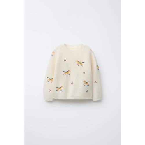 KNIT SWEATER WITH CROSS STITCH DETAILS - Ecru | ZARA United States
