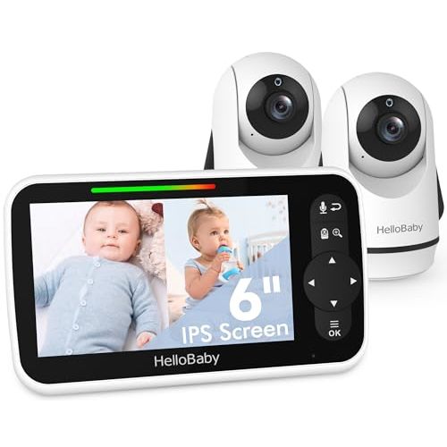 HelloBaby Video Baby Monitor with Upgraded 6” IPS Large Screen, Split Screen with 2 Cameras, Night Vision and Temprature Monitoring, Remote Pan-Tilt-Zoom Camera, No-WiFi