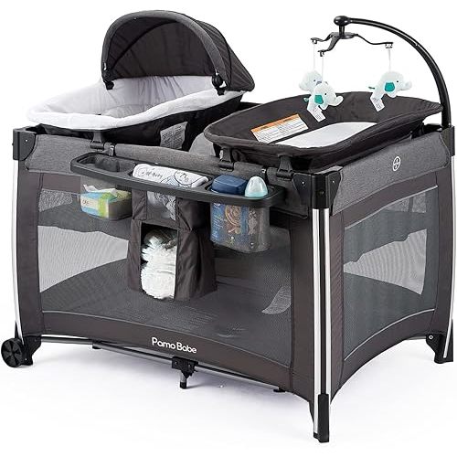 Pamo Babe 4 in 1 Portable Baby Crib Deluxe Nursery Center, Foldable Travel Playard with Bassinet, Mattress, Changing Table for Newborn, Infant, Toddler(Grey)