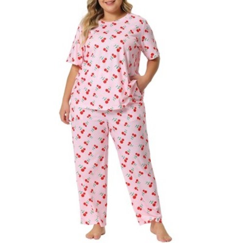 Agnes Orinda Women's Plus Size Short Sleeve Cherry Print Elastic Soft Pockets Pajama Set 2 Pcs Pink 3X