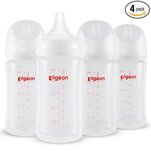 Pigeon PP Nursing Bottle Wide Neck, Anti-Colic, Streamlined Body, Natural Feel, Easy to Clean, 8.1 Oz(Pack of 4), Includes 4pcs M Nipples (3m+)