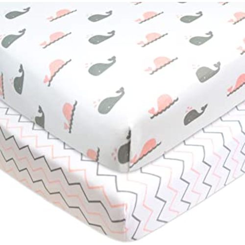 American Baby Company 2 Pack 100% Natural Cotton Fitted Pack and Play Sheets 39" x 27" - Soft & Breathable Pack N Play Sheets for Playard & Mini Crib Mattress, Pink Whale/Zigzag, for Boys & Girls
