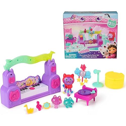 Gabby's Dollhouse: The Movie, Paw-Some Party Story Set with DJ Catnip, 2 Eraser Cat Toy Figures & Accessories, Kids Toys for Girls & Boys Ages 3 and Up