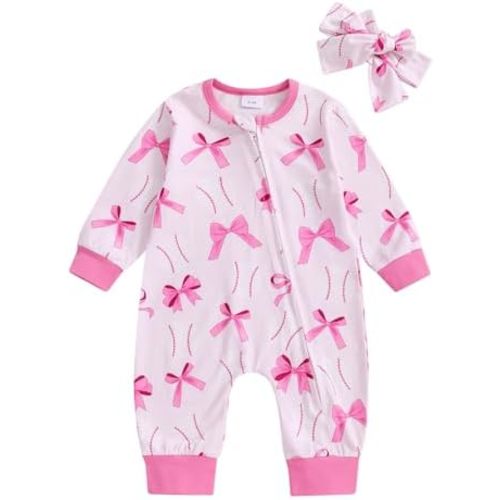 Newborn Baby Girl Jumpsuit Baseball/Cherry Bow Print Zip-up Long Sleeve Romper Headband Spring Clothing