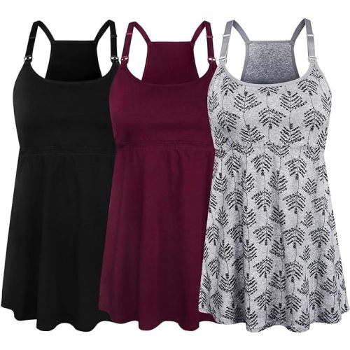 SUIEK Women's Nursing Tank Tops Maternity Cami with Shelf Bra Cotton Breastfeeding Clothes - X-Large - A-black+burgundy+grey Print - Fourth Style
