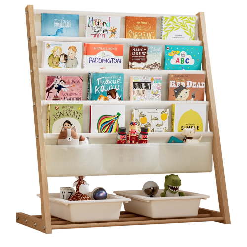 Bookcase, Bookshelf 4 Sling Book Rack Book Display with Storage Classroom Bookshelf 4 Tier Beige