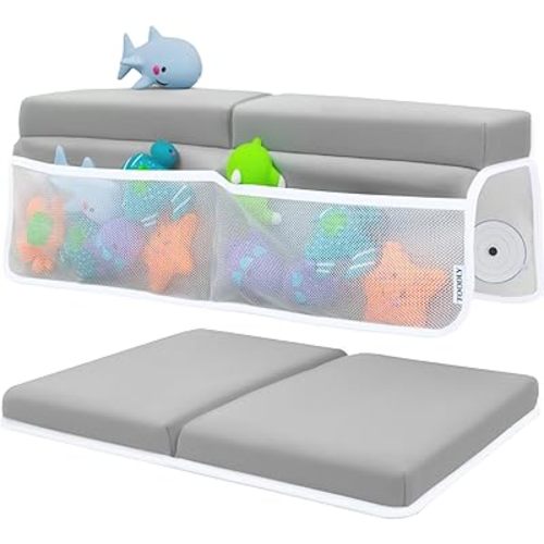 Baby Bath Kneeler and Elbow Rest Pad Set - Baby Bath Support for Knees and Elbows - Bath Kneeler Pad with Memory Foam and Bath Toys Organizer - Ideal Bath Kneeling Pad for Bathing Baby - Grey