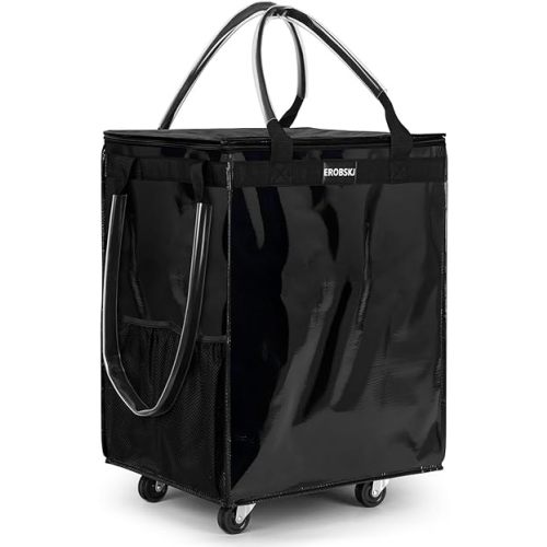 (X Large,Black) Reusable Grocery Bag on Wheels, Foldable Rolling Tote,80 lbs Capacity Shopping Trolley,Zipper Clouser Shopping Bag with Wheels for Trips, Laundry, Rolling Carts with Wheels and Handle