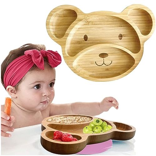 Bamboo Plates For Kids - Baby and Toddler Bamboo Suction Plate for Babies Feeding and Weaning, Promotes Self-Feeding with Eco-Friendly Sturdy Bear Design, Suction Plates for Busy Moms & Dads, Pink
