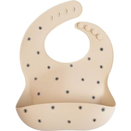 mushie Silicone Baby Bib | Adjustable Fit Waterproof Bibs (Black Daisy)