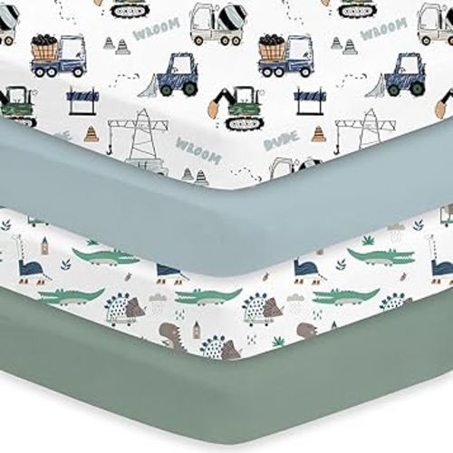 Little Grape Land Crib Sheets 4 Pack for Boys and Girls, Baby Neutral Crib Fitted Sheets for Standard Crib & Toddler Mattress, Super Soft Breathable Fitted Crib Sheet Set, Truck & Alligator