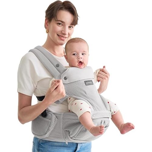 Momcozy Baby Carrier with Hip Seat, 2-in-1 Forward-Facing Carry for Active Babies, Detachable Hands-Free Carrier up to 44lbs, Breathable Infant Carrier Fits Waist Sizes up to 47 Inches, AirMesh Grey