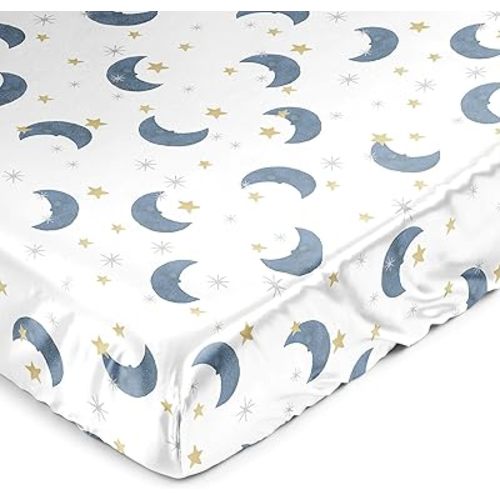 Sweet Jojo Designs Moon and Star Boy Girl Unisex/Gender Neutral Baby Satin Fitted Crib Sheet Infant Newborn Nursery Toddler Bed Room Standard Mattress Blue Gold Watercolor Celestial Outer Space Galaxy