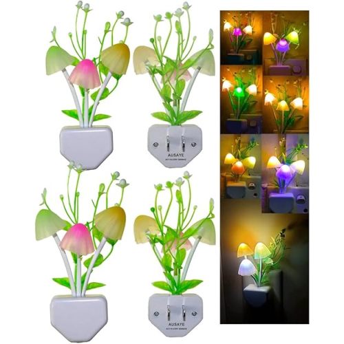 AUSAYE 4 Pack Plug in Night Light, Color Changing Mushroom Light LED Nightlights with Smart Dusk to Dawn Sensor for Kids, Adults, Bedroom, Bathroom,Hallway, Stairs, Kitchen