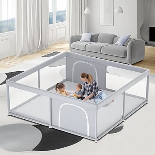 79"×79" Extra Large Baby Playpen, Baby Play Pen for Babies and Toddlers, Baby Play Yard for Indoor & Outdoor, Sturdy Safety Playard with Soft Breathable Mesh, Anti-Fall, Grey