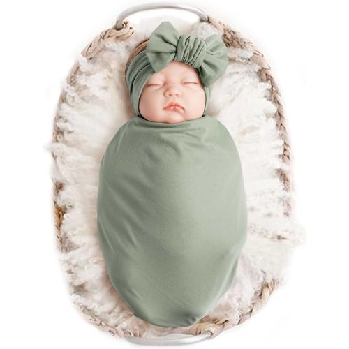 Konssy Baby Girl Newborn Receiving Blanket with Headband Set Baby Swaddle Nursery Swaddle Wrap
