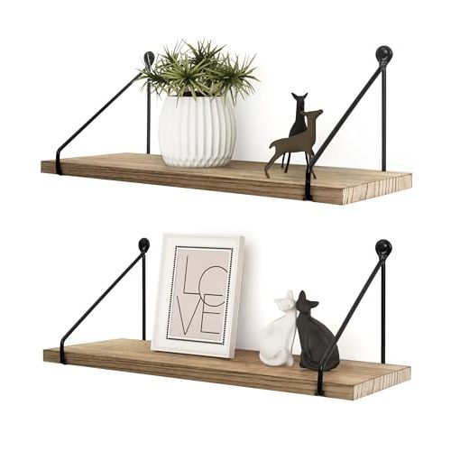 Afuly Floating Wall Shelves Rustic Wall Mounted Hanging Shelf Farmhouse Wall Bookshelf for Bathroom Kitchen Dining Living Room Wood Metal Organizers, Set of 2