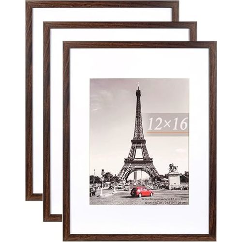 12x16 Picture Frame Rustic Brown 3 Pcs in 1 set 12x16 Frame can Display 8.5x11 inch Picture with Mat or 12x16 inch Picture Without Mat on the Wall