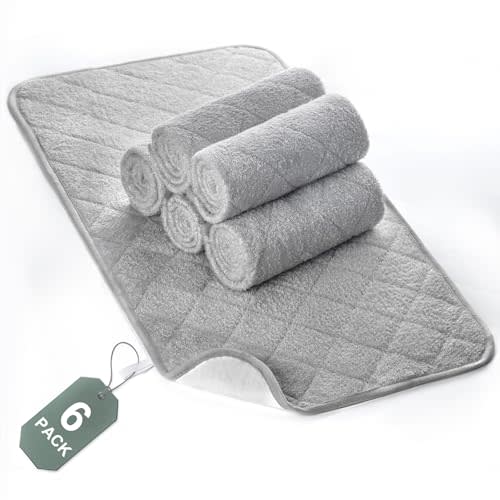 Diaper Changing Pad Liners Non-Slip, Soft Terry Waterproof Changing Pad Mat, Quilted Absorbent Bassinet Washable, 6 Pack Large 14"x 27" Reusable Changing Table Pad Protector Grey